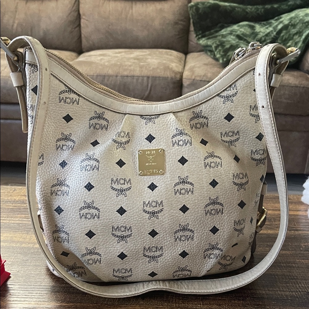 MCM Beige and Black Logo Hobo Bag